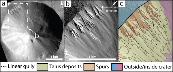 Image 1: (a) Fonteia crater, which contains linear gullies. (b) Unmapped version and (c) mapped version of linear gullies. White arrows highlight an example linear gully in (b).  