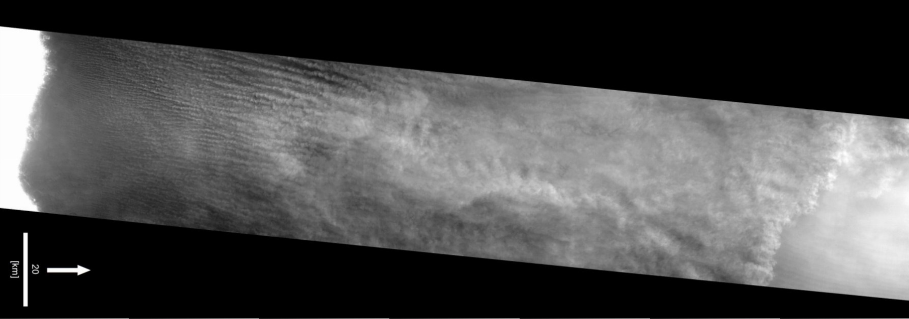 Image 1: Dust storm event in eastern Hellas Planitia. The white area at the left of the image is the east-west trending wrinkle ridge. Note the helical currents in its southern part and the flow front in the very north (CTX image D02_027836_ 1333_XN_46S272W). Image credit: NASA, JPL, Malin Space Science 